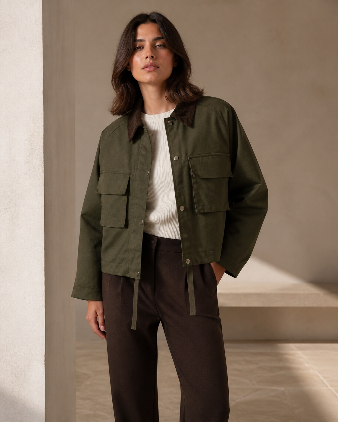 Model wearing green casual utility jacket