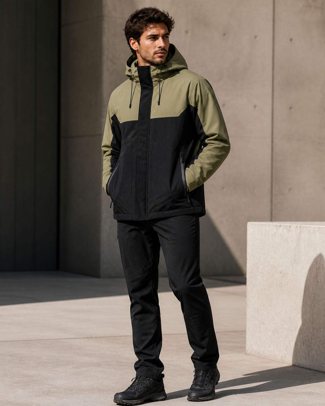 Model wearing olive and black shell jacket